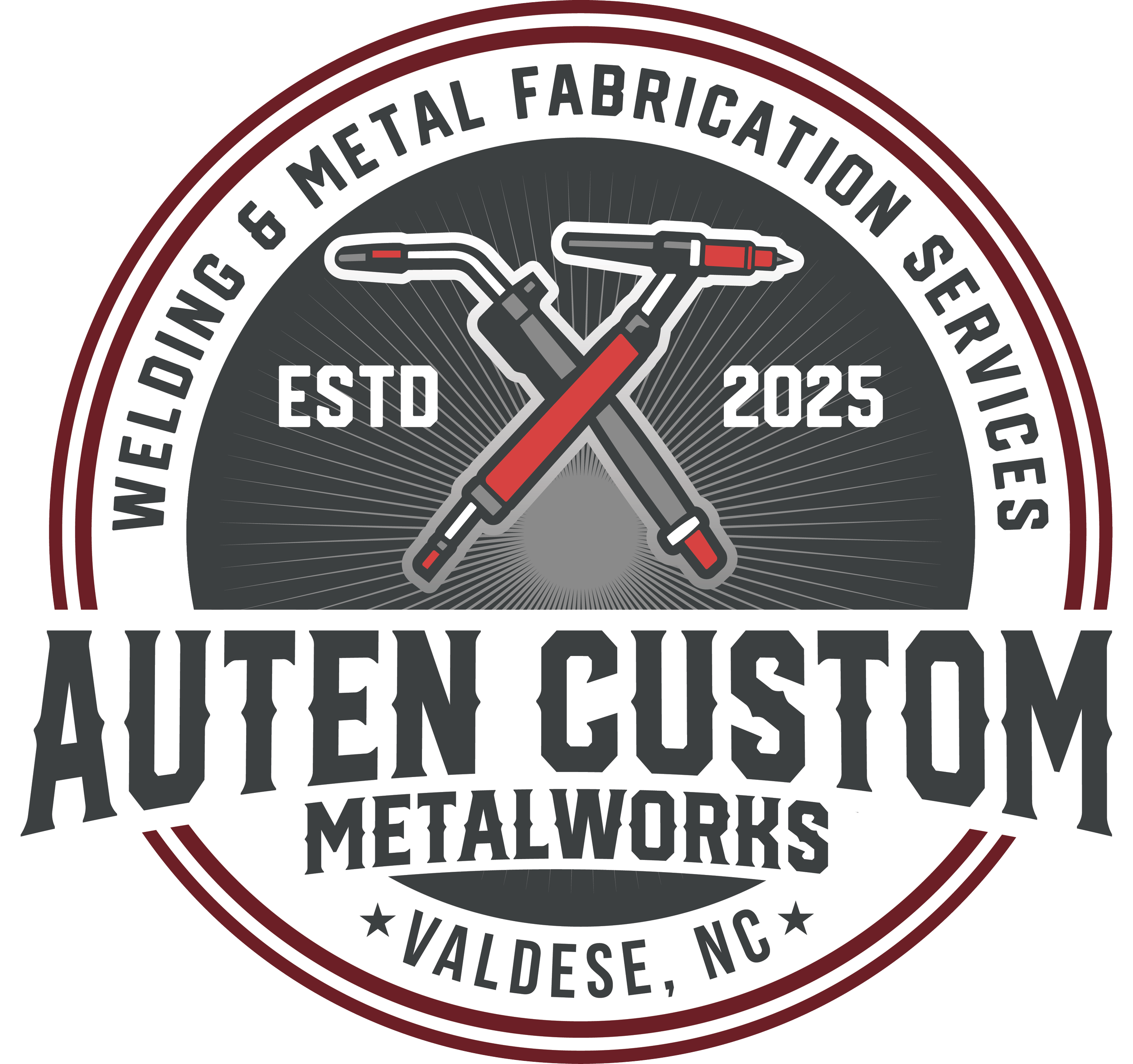 Logo of a metalworking company featuring crossed hammers and paintbrushes with text indicating it is a family-owned business established in 2025 located in Valdese, North Carolina.