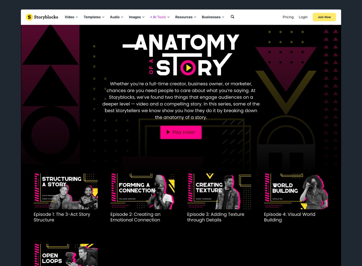 Landing page of videos from the original series, Anatomy of a Story
