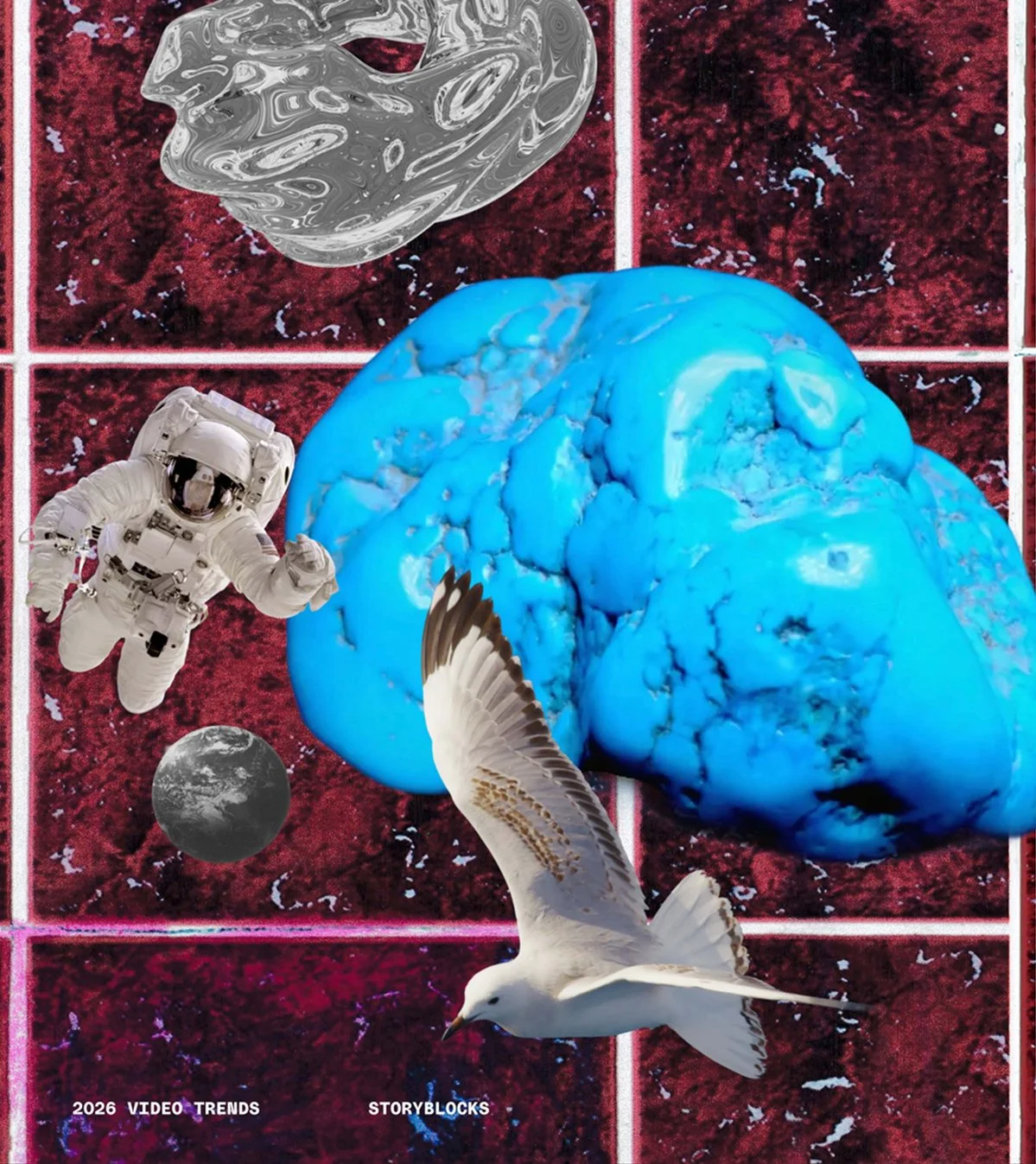 Background collage with various images like an astronaut or dove
