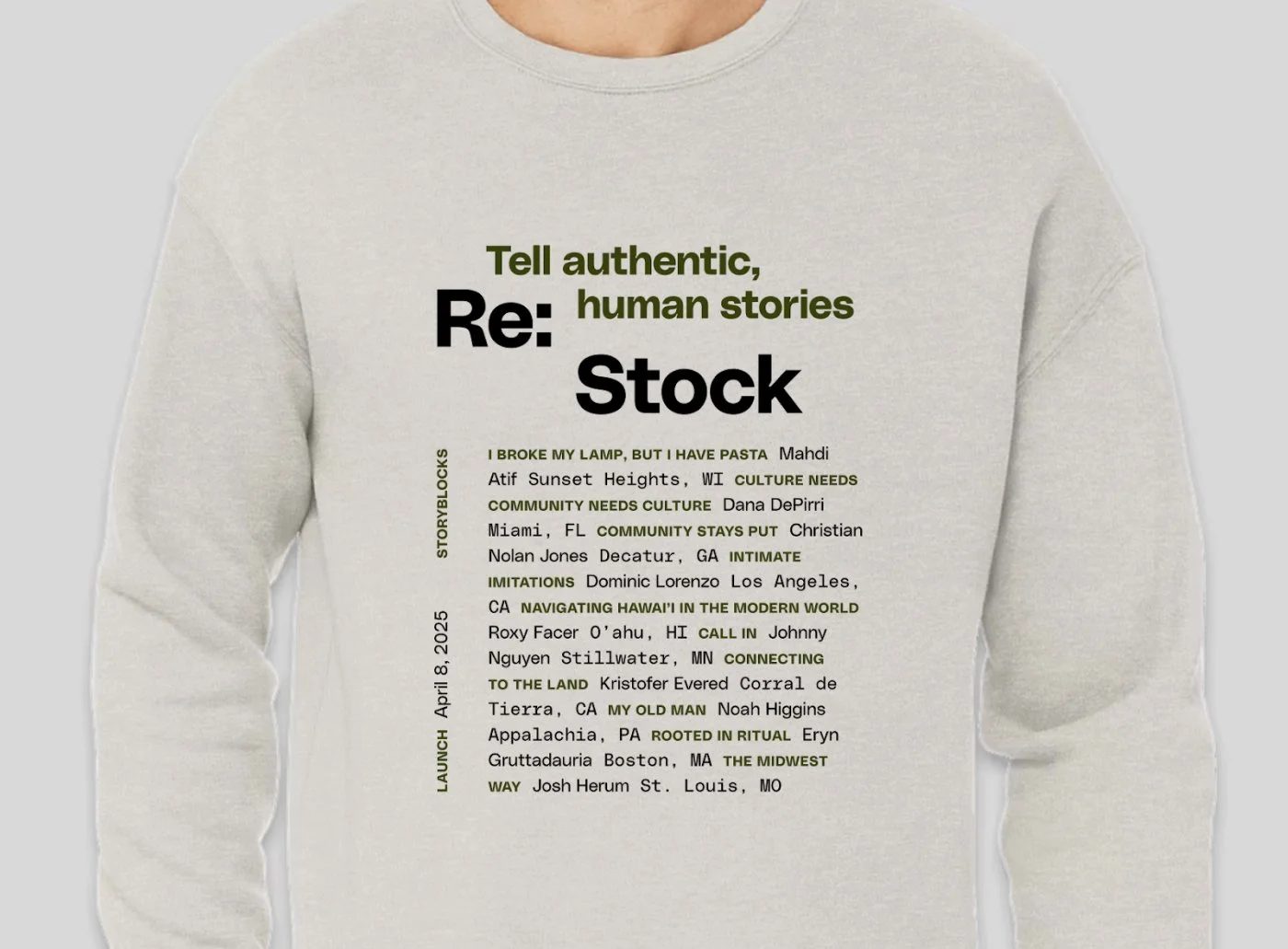 Mockup of a gray crew neck sweatshirt for the Re: Stock campaign