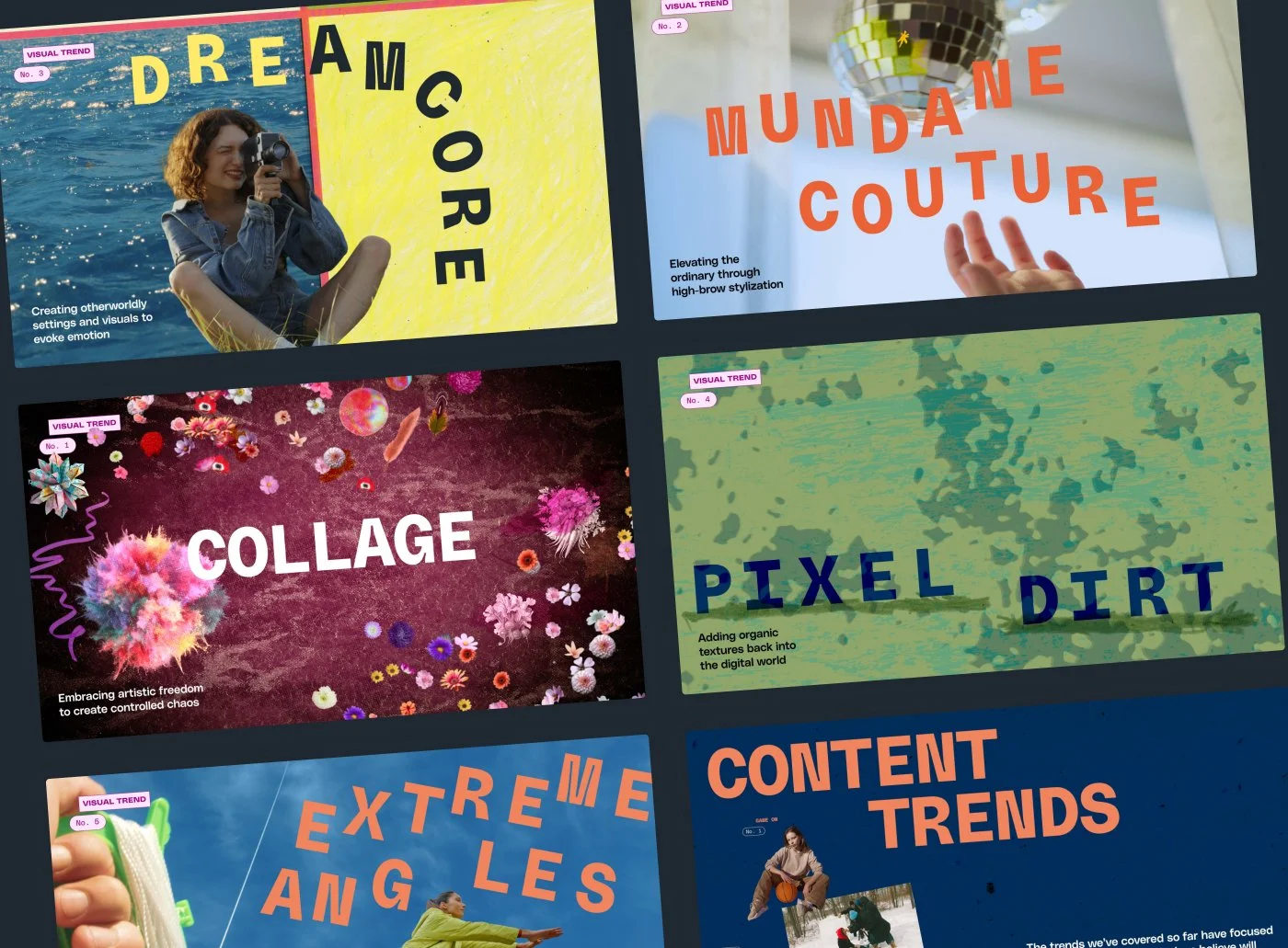 Beautiful title graphics for each video trend category