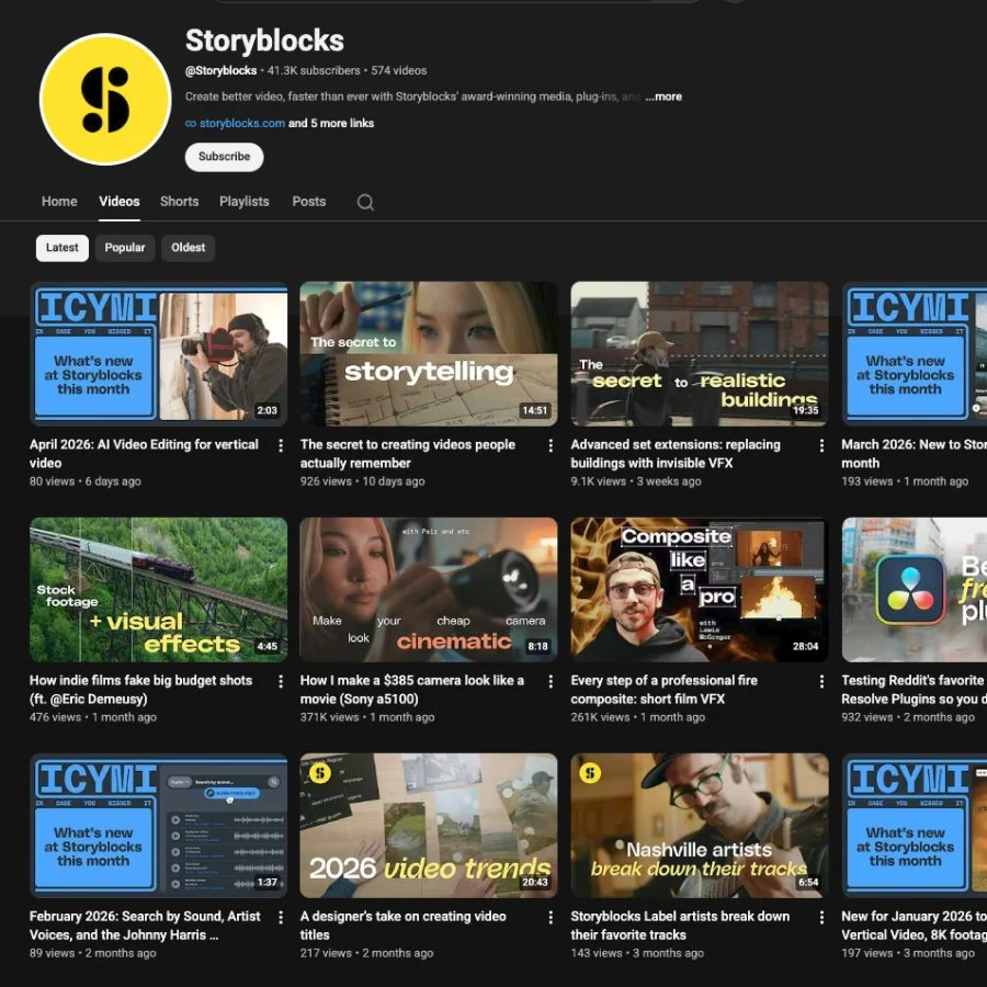 Screenshot of the Storyblocks YouTube channel featuring several high-quality cinematic videos