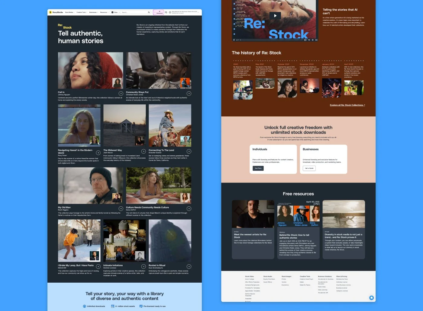Landing page for the Re: Stock campaign by Kaitlyn Rossi featuring stock footage that tells authentic human stories