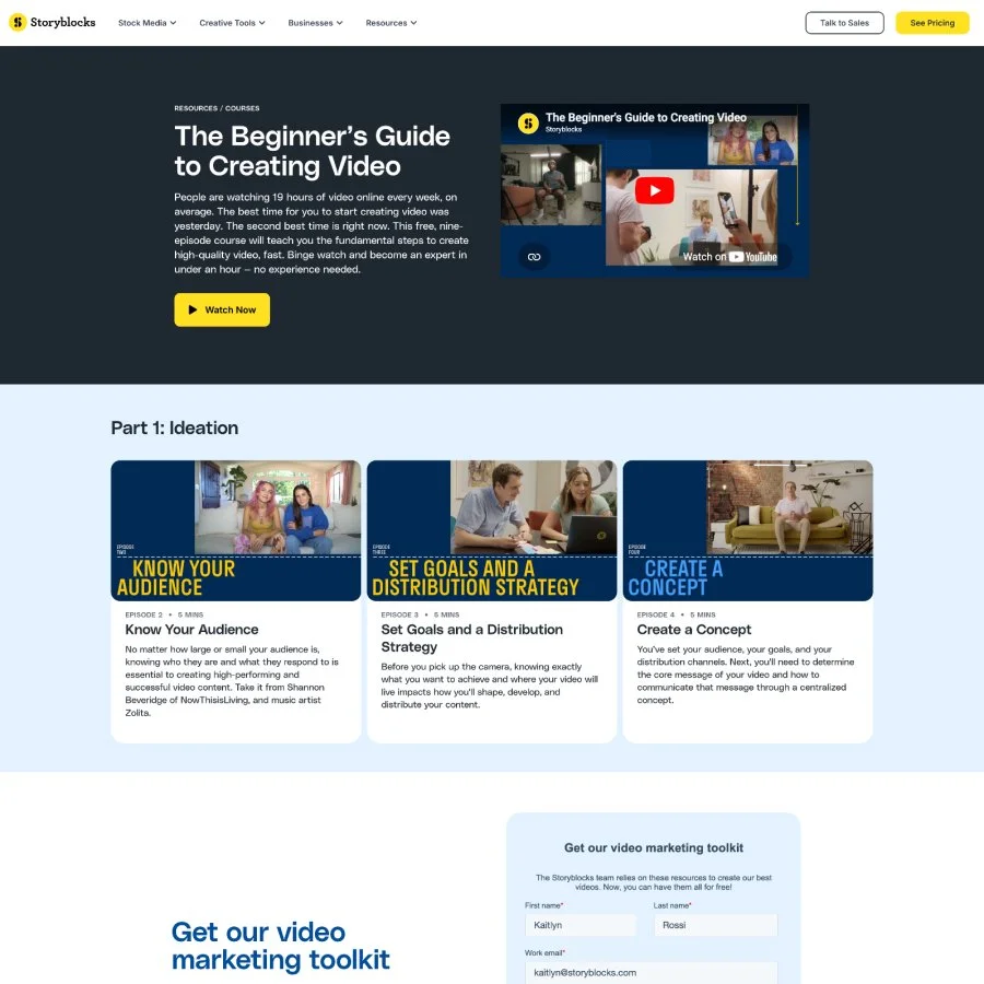 Landing page for the Beginner's Guide to Creating Video