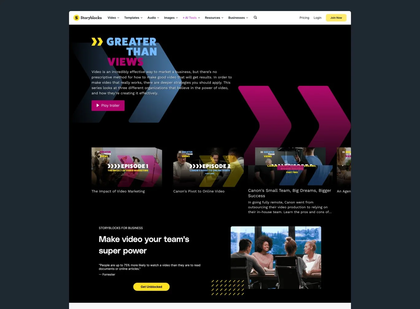 Landing page design featuring the full series for Greater Than Views