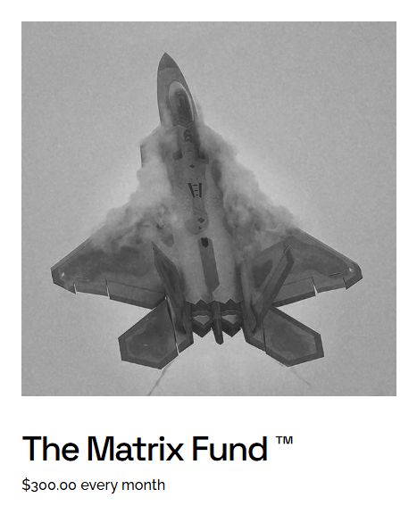 A military fighter jet plane flying with vapor trails behind it, seen from above, with text below promoting The Matrix Fund at $300 per month.