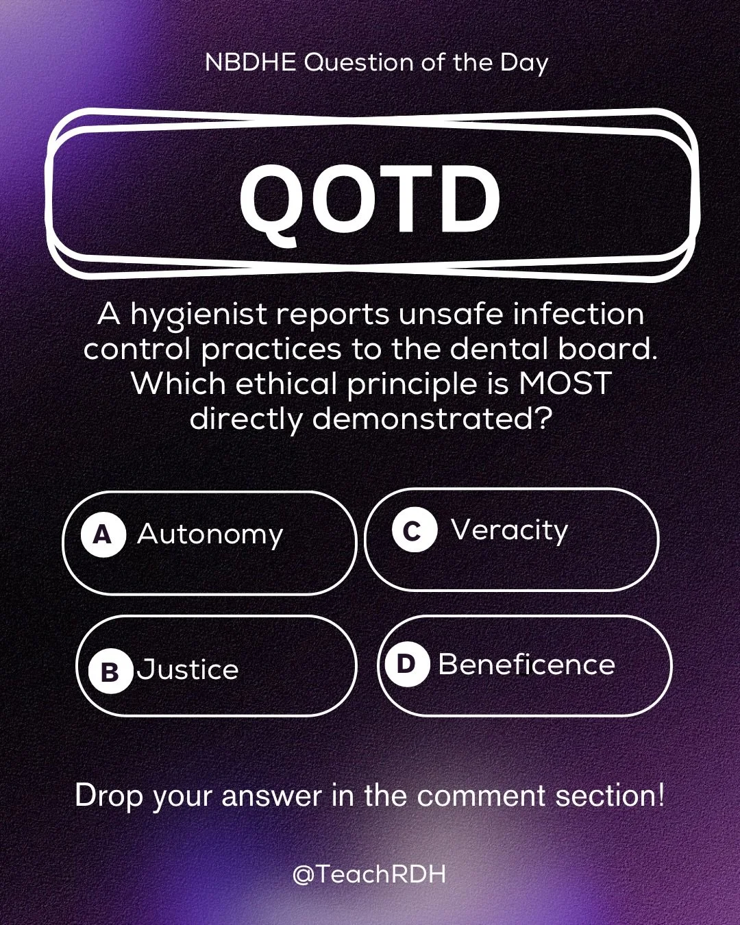 QOTD ❓❔

This one&rsquo;s EASY to overthink&hellip; don&rsquo;t 
What&rsquo;s the real principle behind reporting unsafe infection control?

Think bigger than the action&hellip; think WHY you&rsquo;re doing it.

Drop your answer below ⬇️
Answer will 