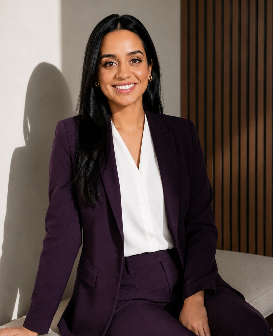 A woman with long black hair and a bright smile, wearing a dark purple suit and white blouse, sitting and leaning against a wall.