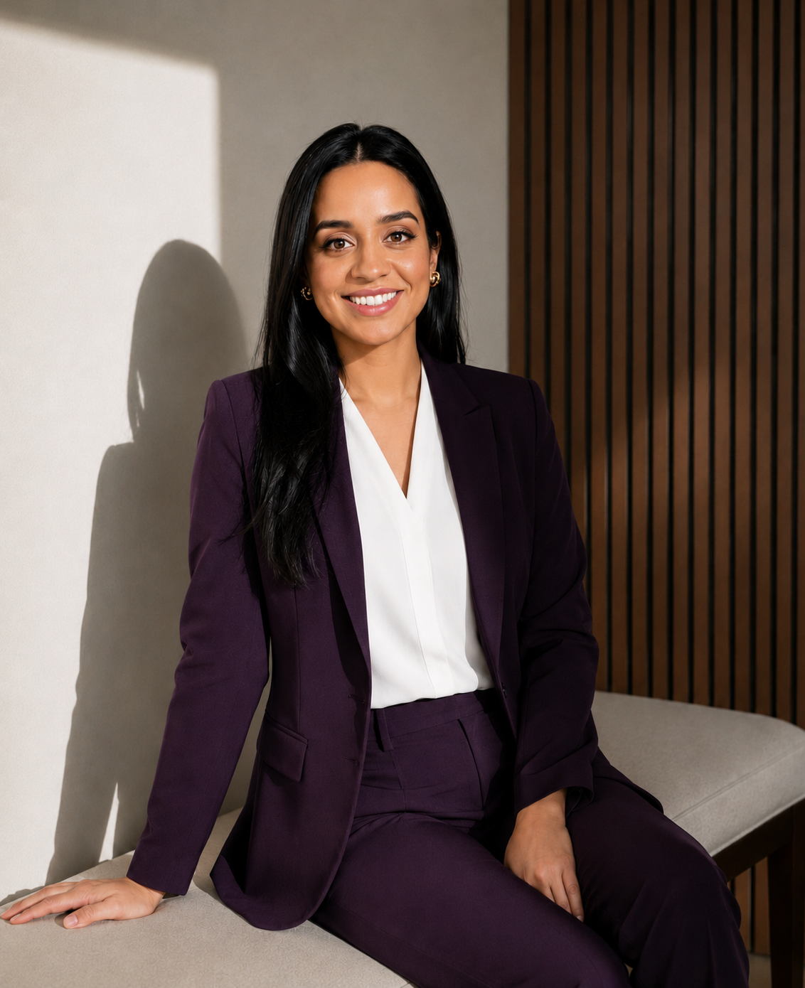 A woman with long black hair and gold earrings smiling while sitting on a beige bench in a professional setting, wearing a dark purple suit and white blouse. registered dental hygienist. educator. rdh