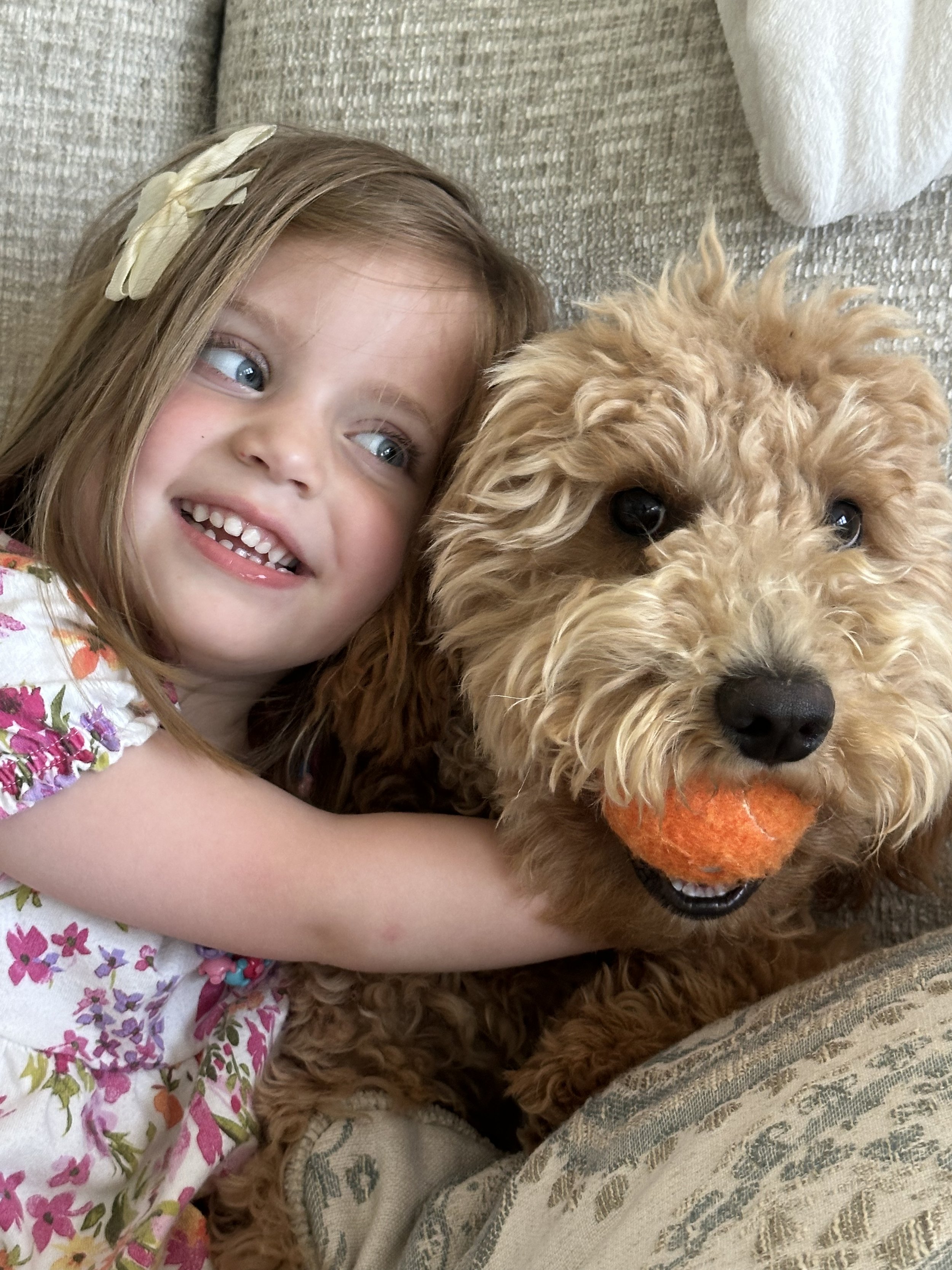 A young girl with long blonde hair, blue eyes, smiling and wearing a floral dress, lying close to a curly-haired brown dog holding an orange ball in its mouth on a beige couch.