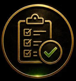 Icon of a clipboard with three checkmarks and a large green checkmark in a circle, on a black and gold background.