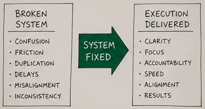 Diagram showing a transition from a broken system with issues like confusion and delays to an executed system with clarity and results, with an arrow labeled 'System Fixed' pointing from the problem list to the benefits.