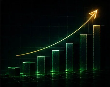 A digital bar graph with green bars increasing in height from left to right, featuring an upward-pointing yellow arrow, symbolizing growth or success.