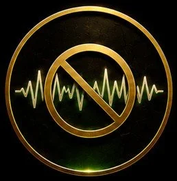 A black circular icon with a gold border, featuring a gold prohibition symbol over a green sound wave.