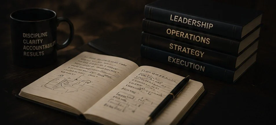 Open notebook with handwritten notes and sketches, a black pen resting on it, a stack of five books titled leadership, operations, strategy, execution, and results, and a black coffee mug with words discipline, clarity, accountability, and results printed on it, all on a dark wooden surface.
