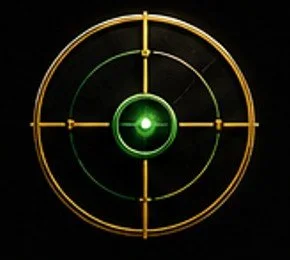 A green laser target scope or reticle with gold and black rings and markings against a black background.