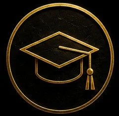 Black background with a gold outline of a graduation cap inside a gold circle.