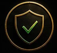 Black background with a gold-outlined shield and a green checkmark inside