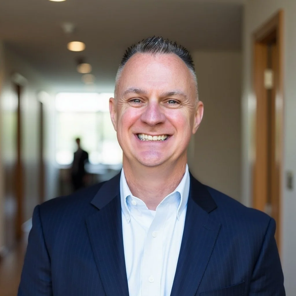 Paul Thompson, MBA smiling in a suit standing indoors, with blurred background of hallway and person in the distance.