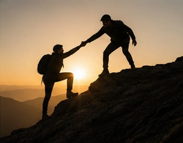 A person helping another climb a mountain during sunset.