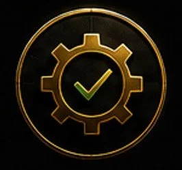 A gear icon with a green checkmark inside it, set against a black background.