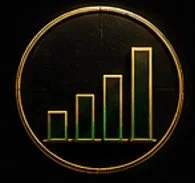 Stylized gold bar chart with increasing bars inside a gold circle on a black background