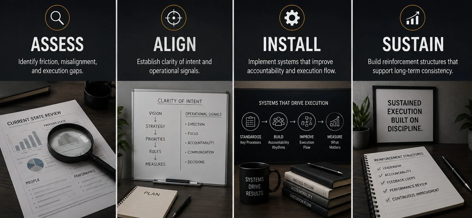Presentation slide showing four steps: Assess, Align, Install, Sustain. Each step includes a description and visual elements such as charts, whiteboards, books, and a coffee mug on a desk.