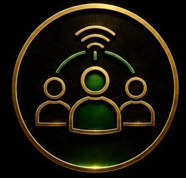 Icon of three people with a wireless signal above, enclosed in a gold circle