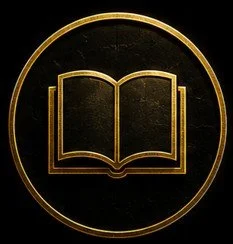 Gold open book icon on a black background with a gold circular border.