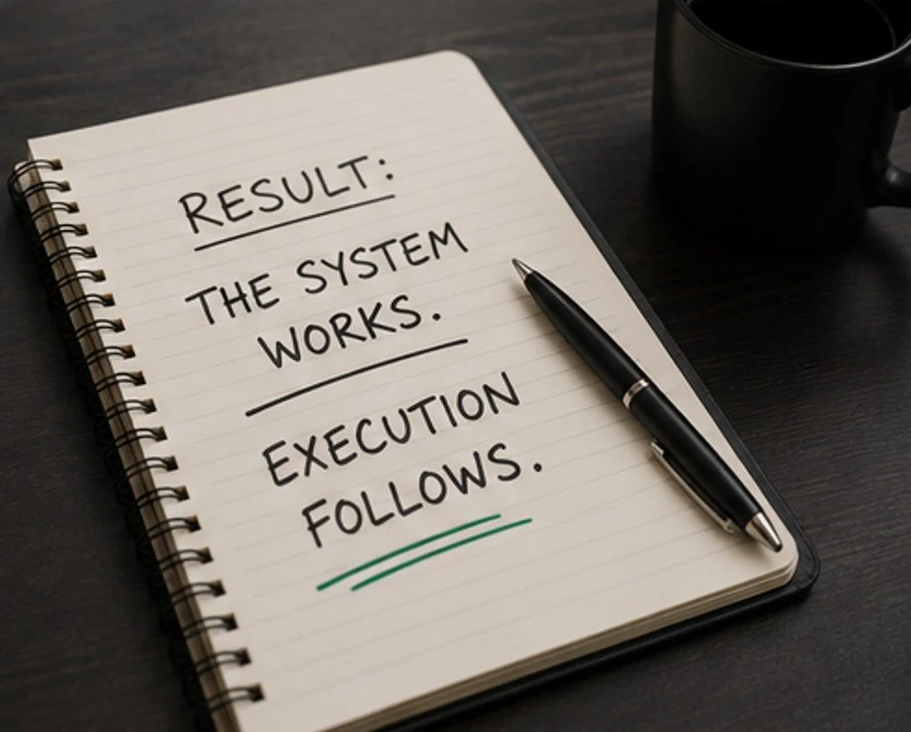 Open notebook with handwritten message: "Result: the system works. Execution follows." a pen placed on the notebook, black coffee mug on a dark desk.