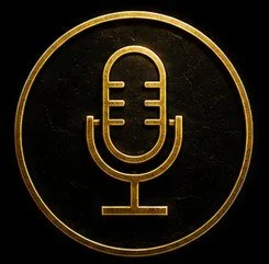 A gold microphone icon inside a circle on a black background.