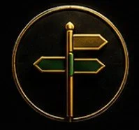 A circular emblem with a gold border, featuring a four-directional signpost with green and gold signs.
