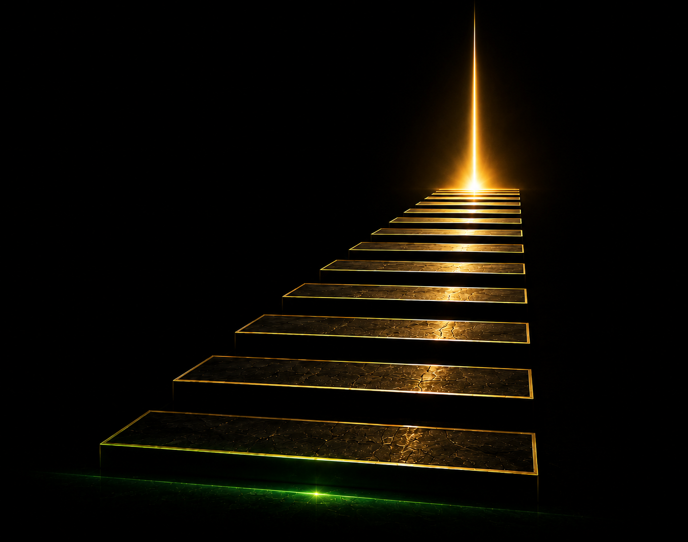 glowing golden staircase ascending into darkness and light.