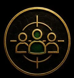 A gold target icon with three human figures in the center, symbolizing focus on a group or team.