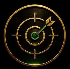 A gold-colored target with a green arrow hitting the bullseye.