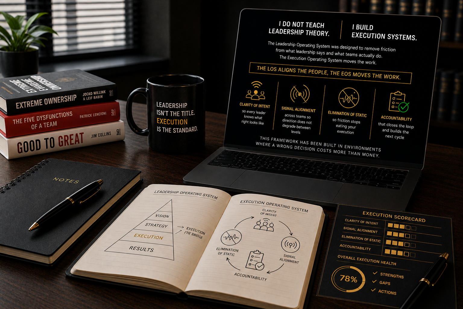 A workspace with a laptop, open notebooks, a pen, a mug with a leadership quote, books about team dynamics and ownership, a black notebook with a pen, a sheet with a scorecard, and a small potted plant in the background.