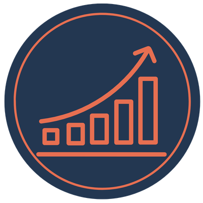 Icon of a rising bar graph with an upward arrow, representing growth or success.