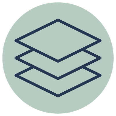 Icon of three layered sheets or papers on a light green circular background.