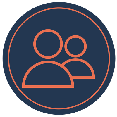 Icon of two people outlined in pink on a dark blue circular background.