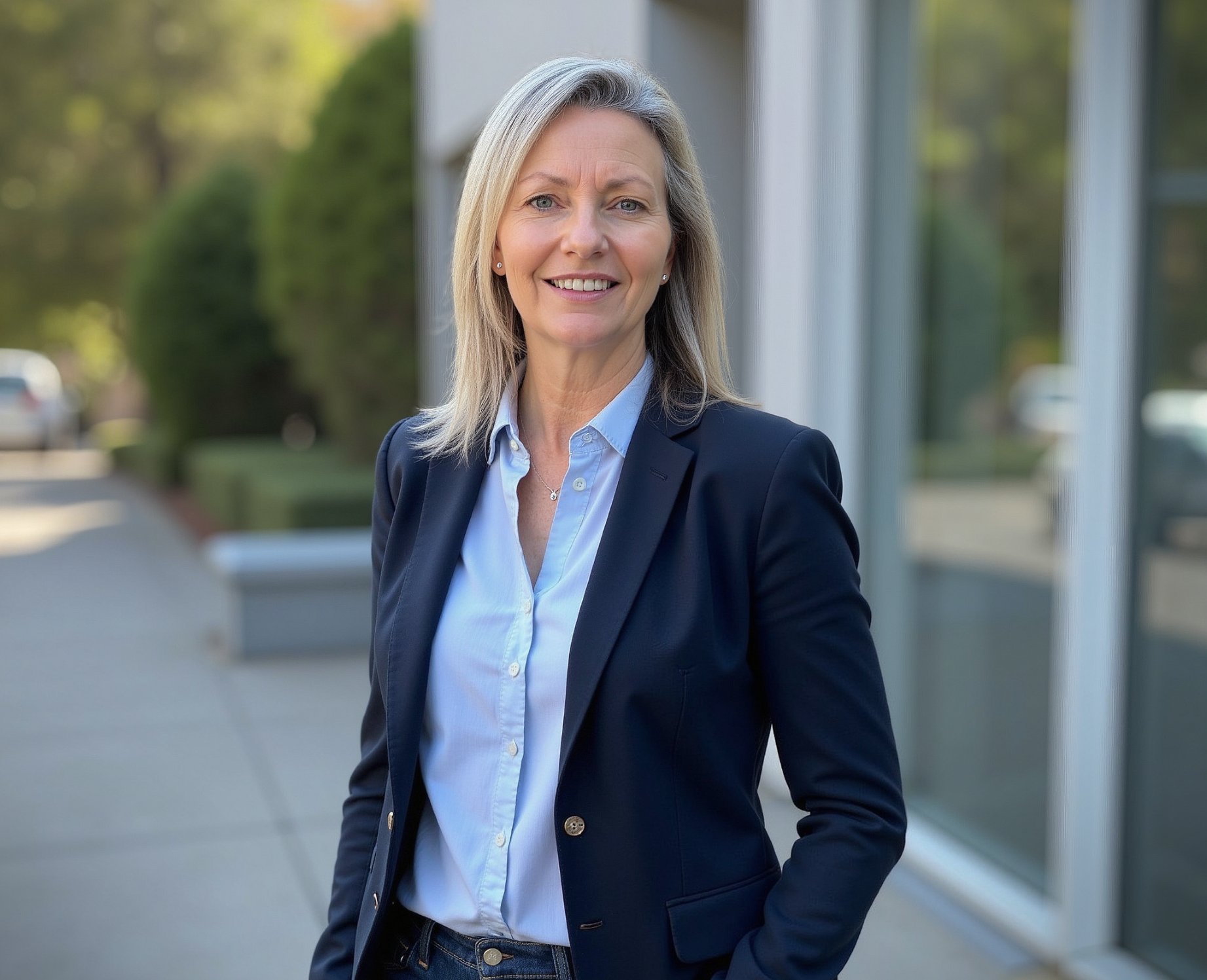 A middle-aged woman with blonde hair and a bright smile, dressed in a navy blazer and light blue shirt, standing outdoors in front of a modern building with large windows, greenery, and trees in the background.