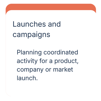 Slide titled 'Launches and campaigns' with text about planning coordinated activity for a product, company, or market launch.