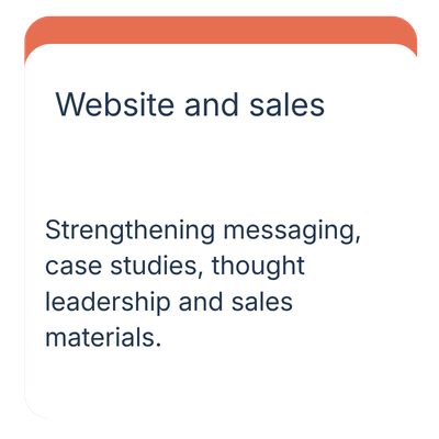 A screen displaying a presentation slide titled 'Website and sales' with the subtitle 'Strengthening messaging, case studies, thought leadership and sales materials'.