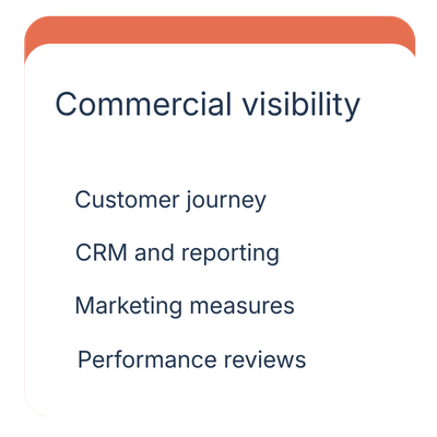 A presentation slide titled 'Commercial visibility' listing four items: Customer journey, CRM and reporting, Marketing measures, Performance reviews.