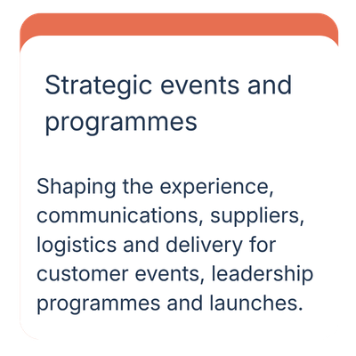 Text about strategic events and programs, focusing on experience, communications, suppliers, logistics, delivery, customer events, leadership programs, and launches.