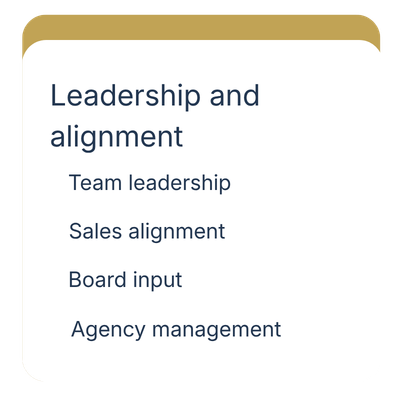 A presentation slide titled 'Leadership and alignment' with bullet points: Team leadership, Sales alignment, Board input, Agency management.