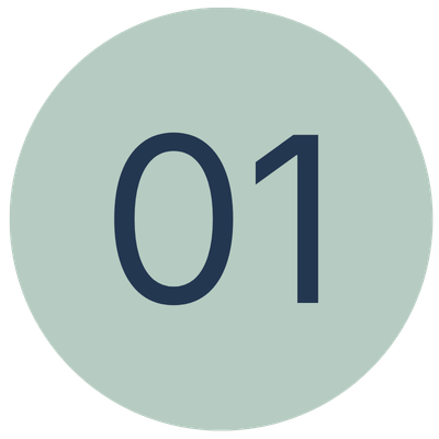 A circular graphic with a light green background and the number '01' in dark blue text centered in the middle.