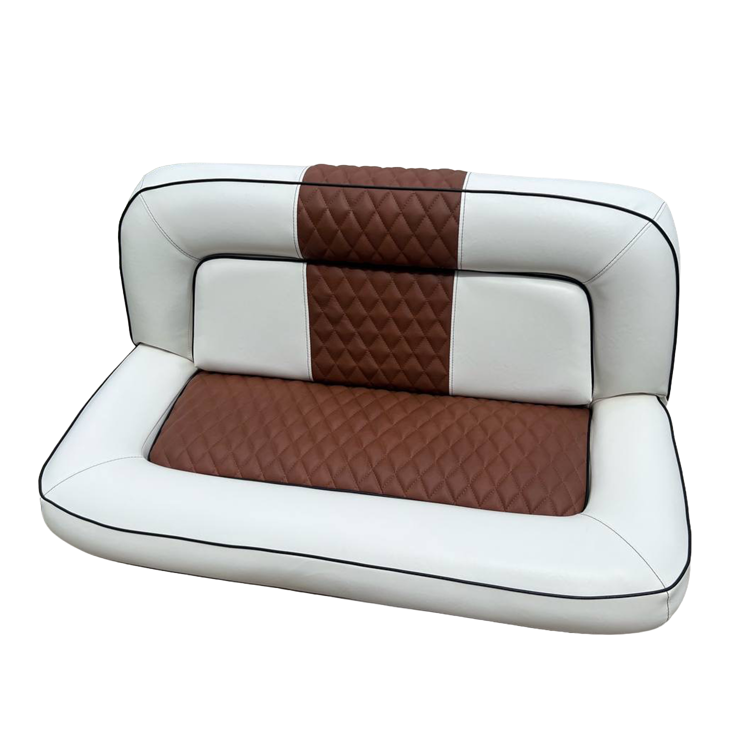 A modern sofa with white and brown quilted cushioning, featuring black piping details, set against a black background.