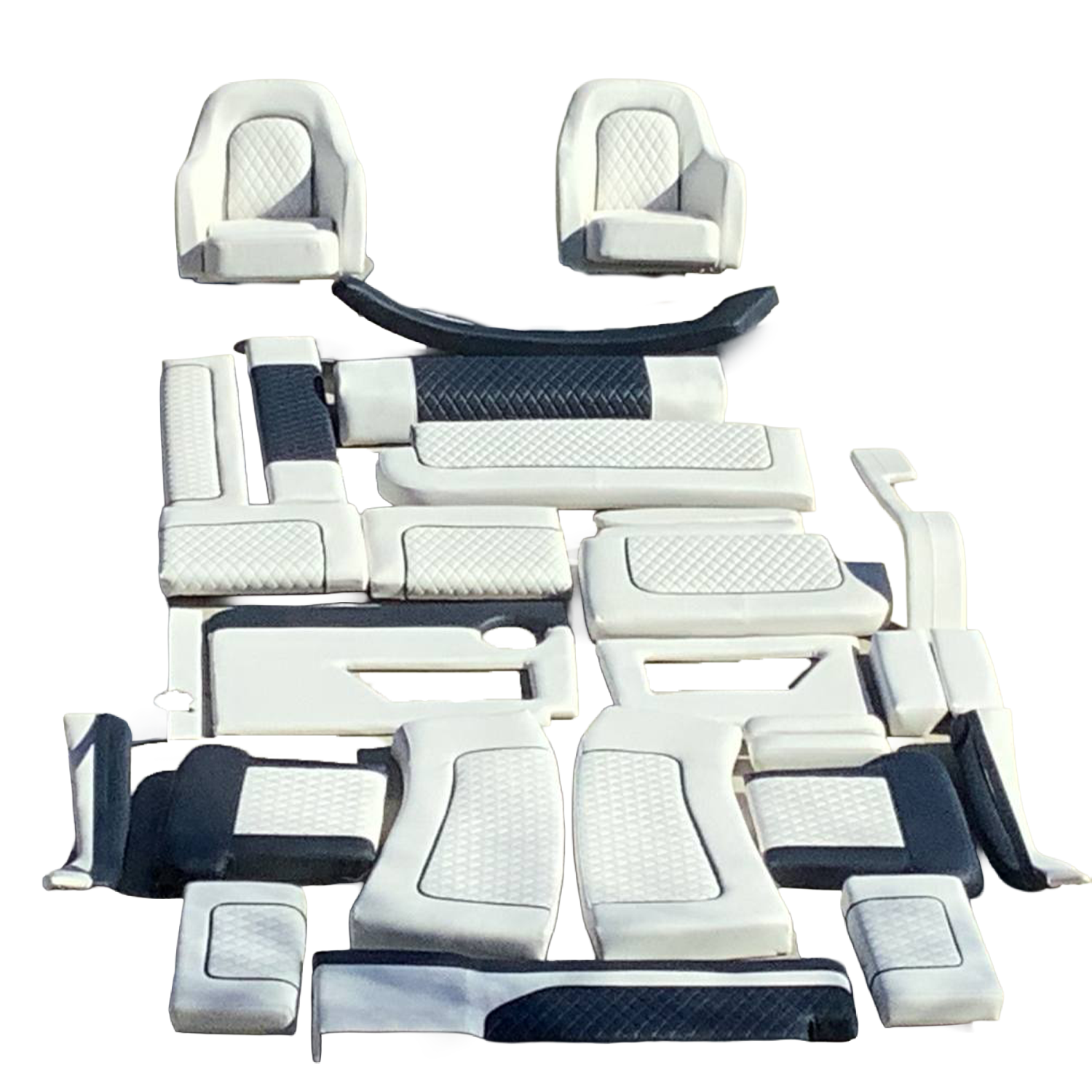 A collection of white boat seats with black cushions arranged in rows.