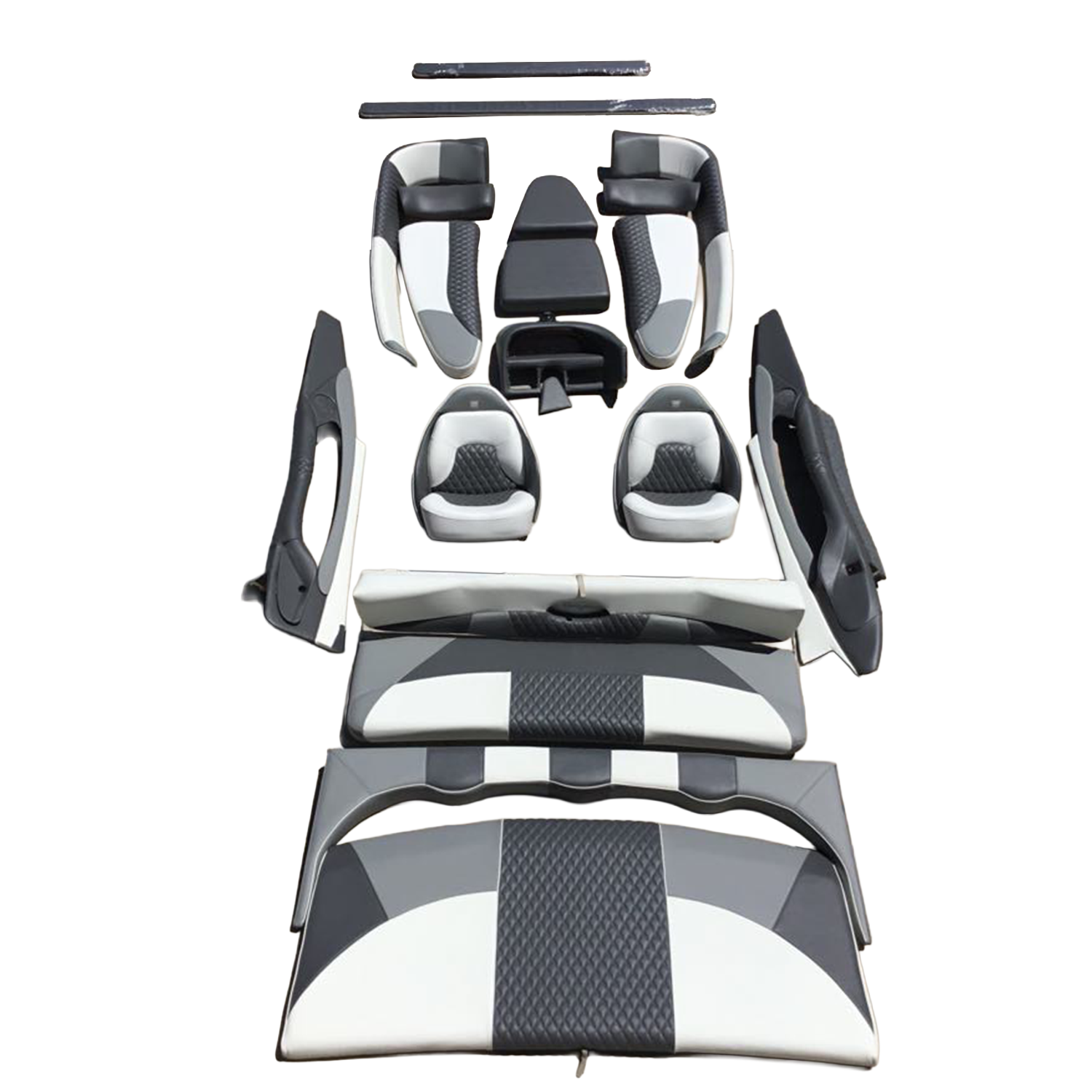 Front view of a futuristic golf cart with black and white seats and checkered patterns.