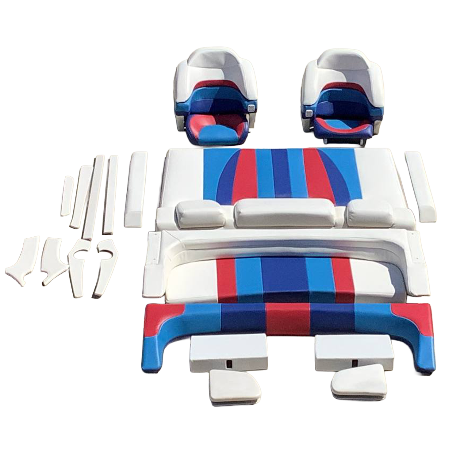 Disassembled outdoor furniture with a red, blue, and white striped color scheme, laid out on a concrete surface.
